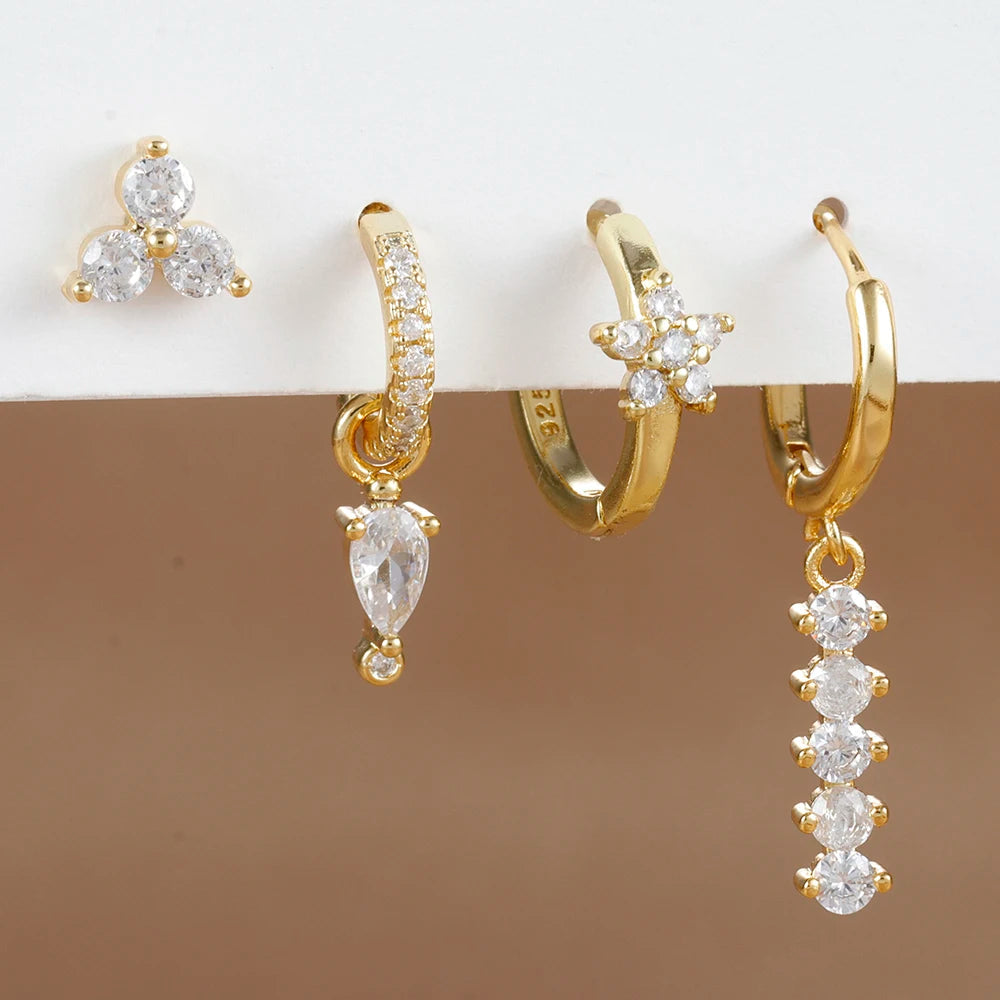 4PCS Simple Crystal Zirconia Square Dangle Earrings Set For Women Korean Stainless Steel Pendant Stud Earring Piercing Jewelry Viralgem Store