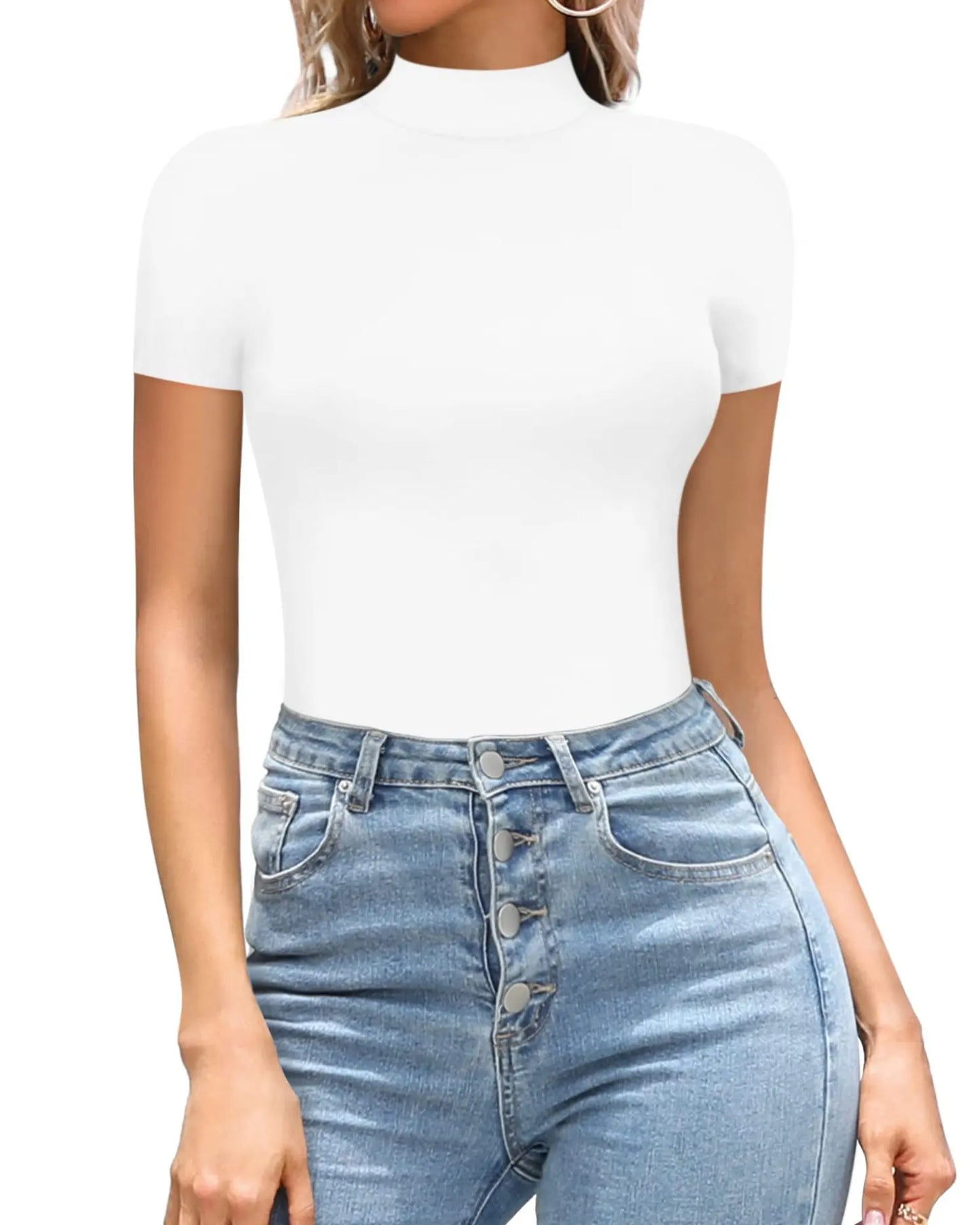 2023SpringSummer New Fashion Europe America Sexy Solid Color Medium High Neck Short Sleeve Casual Elegant Women's Tight Bodysuit