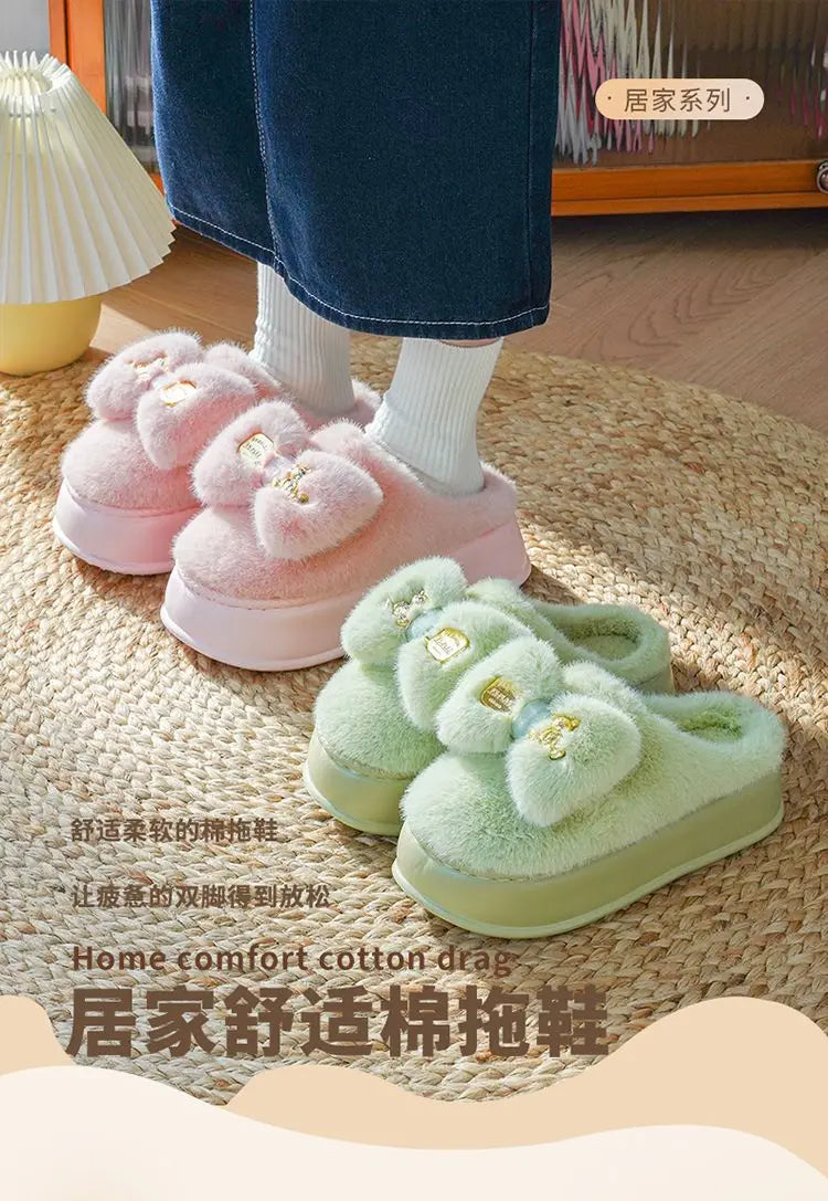 8 cm High platform fur slippers women's winter fluffy ear home shoes woman white bunny rabbit slippers woman house clog shoes