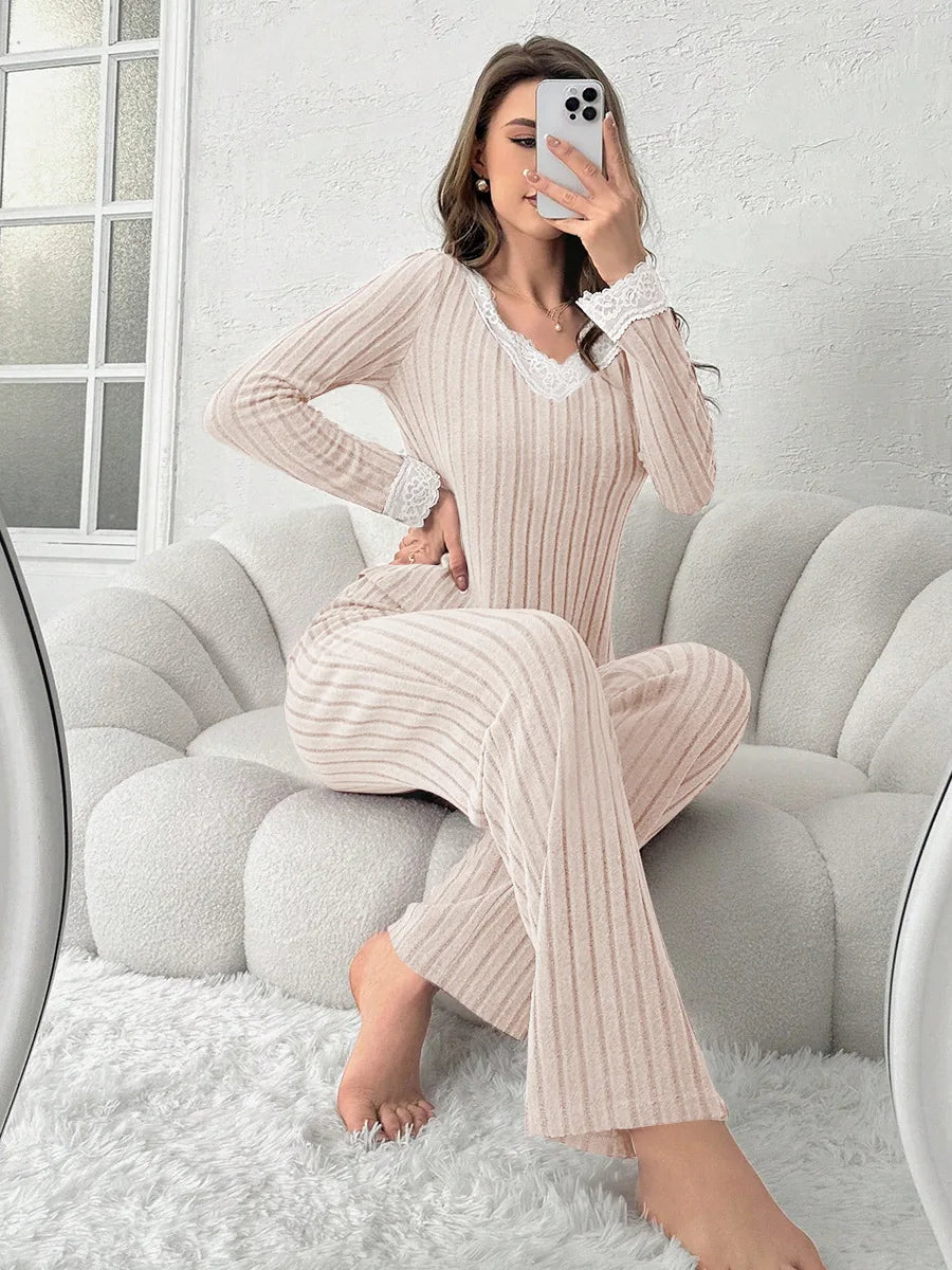 Women's Pajama Set Solid Pit Strip Sleepwear Lace V-neck Long Sleeves Tops Trousers Suit Elegant Casual Home Loungewear Nighties