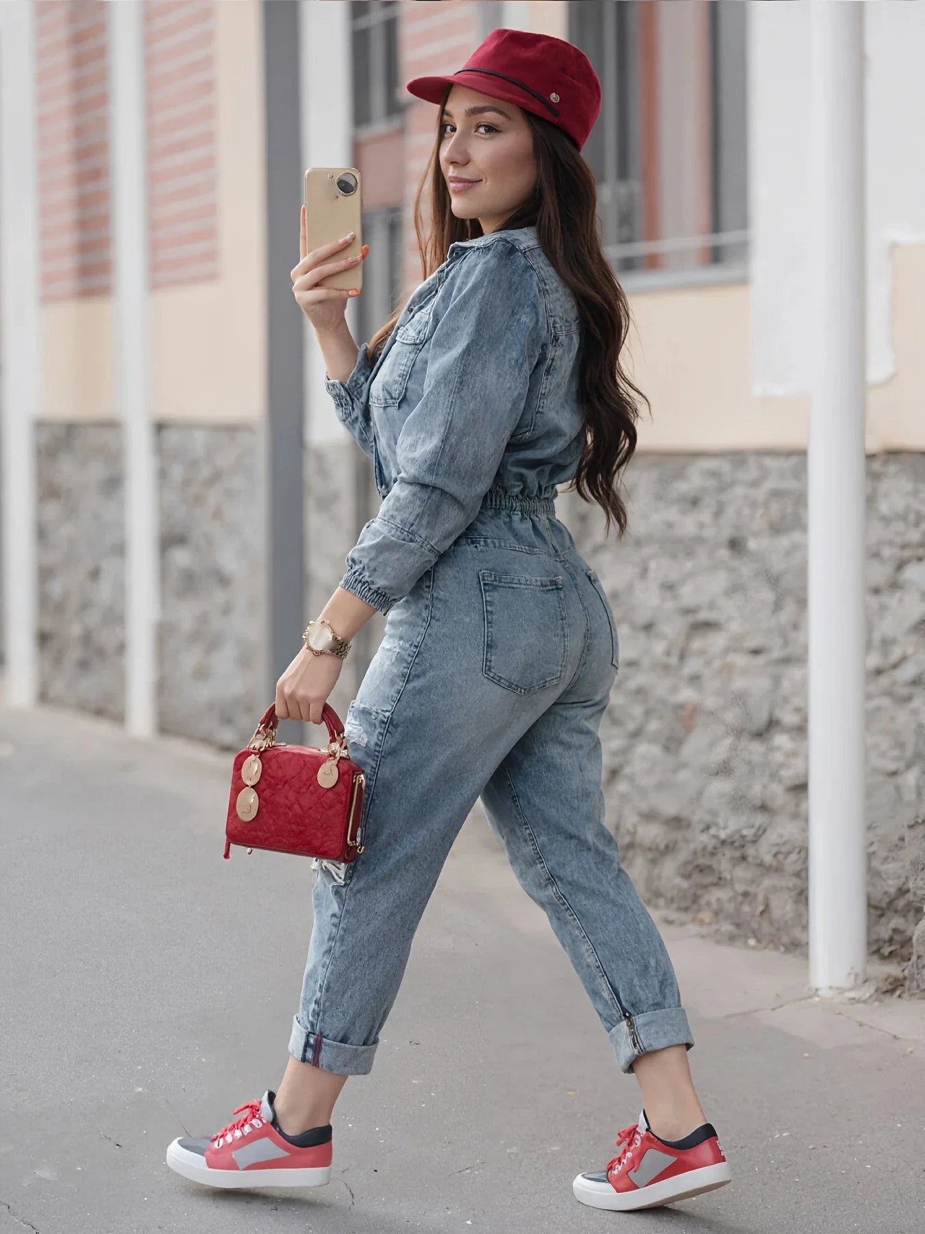 2025 new women's fashionable high elasticity tight fitting denim workwear, slim fit washed long sleeved jumpsuit, street style Viralgem Store