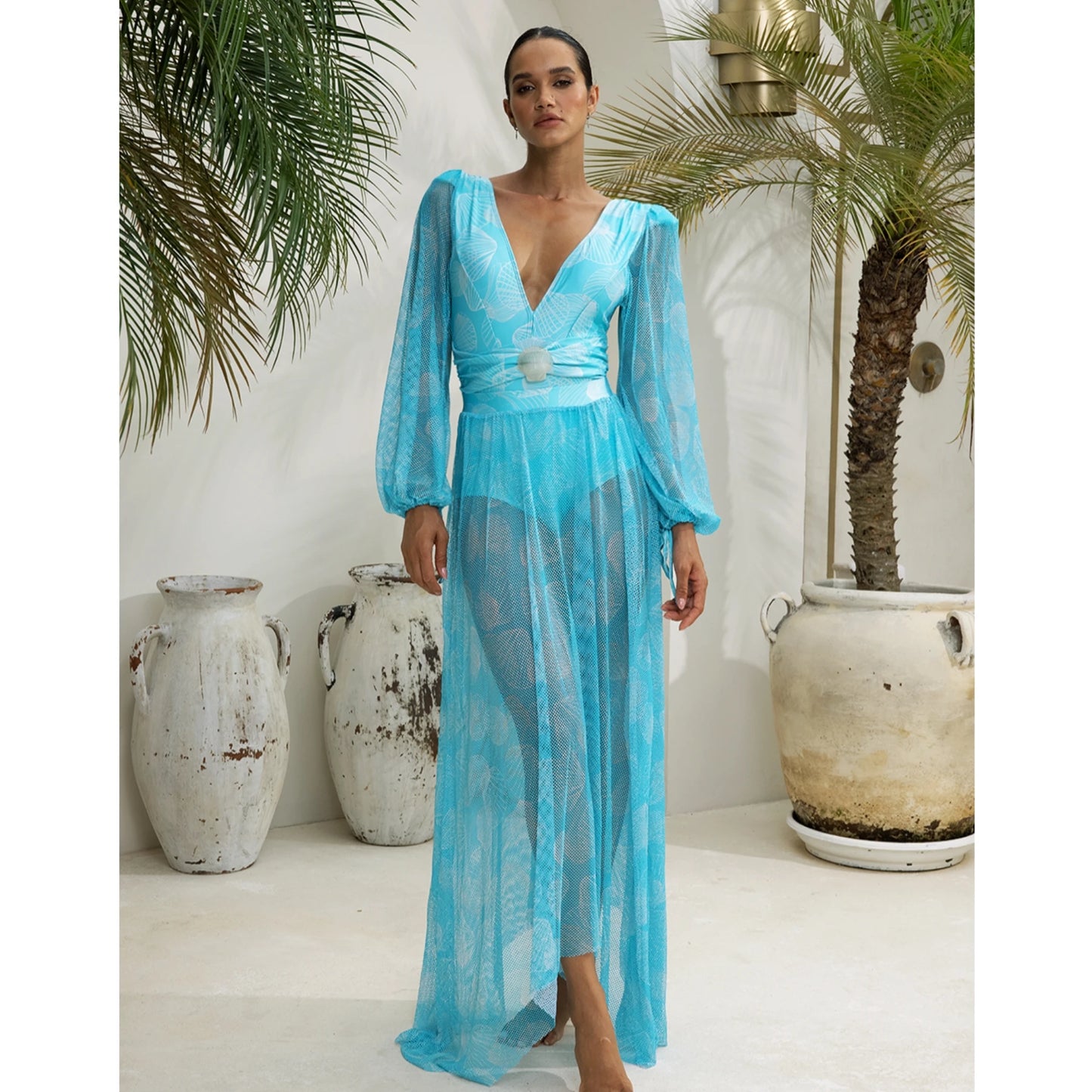 2024 V Neck Shell Print Decor Long Sleeve One Piece Swimsuit and Skirt  Clearance Wholesale Bodysuit Dress