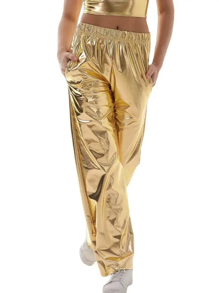 Women Adult Shiny Straight Leg Pants Casual High Waist Metallic Pants Super Long Holographic Pants Disco Bottoms Viralgem Store