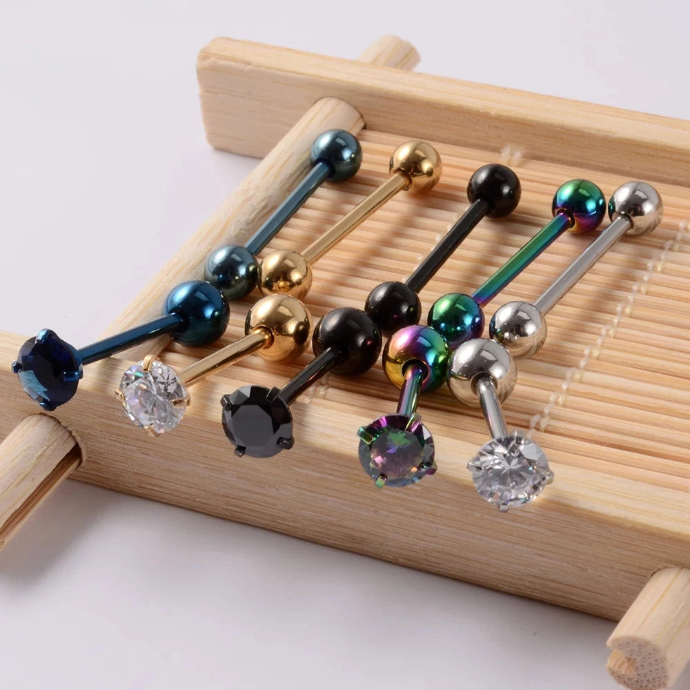 2PCS Anti-Allergy Surgical Steel  Prong Zircon Tongue Barbell Piercings Ball Tongue Barbell Rings Fashion Piercing Jewelry Viralgem Store