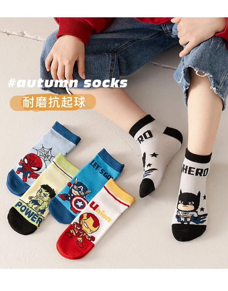 5 Pairs Spiderman Cotton Children's Socks iron Man Hulk Thor Anime kids Boys Short Socks Cartoon Baby Spring Summer Sock Y