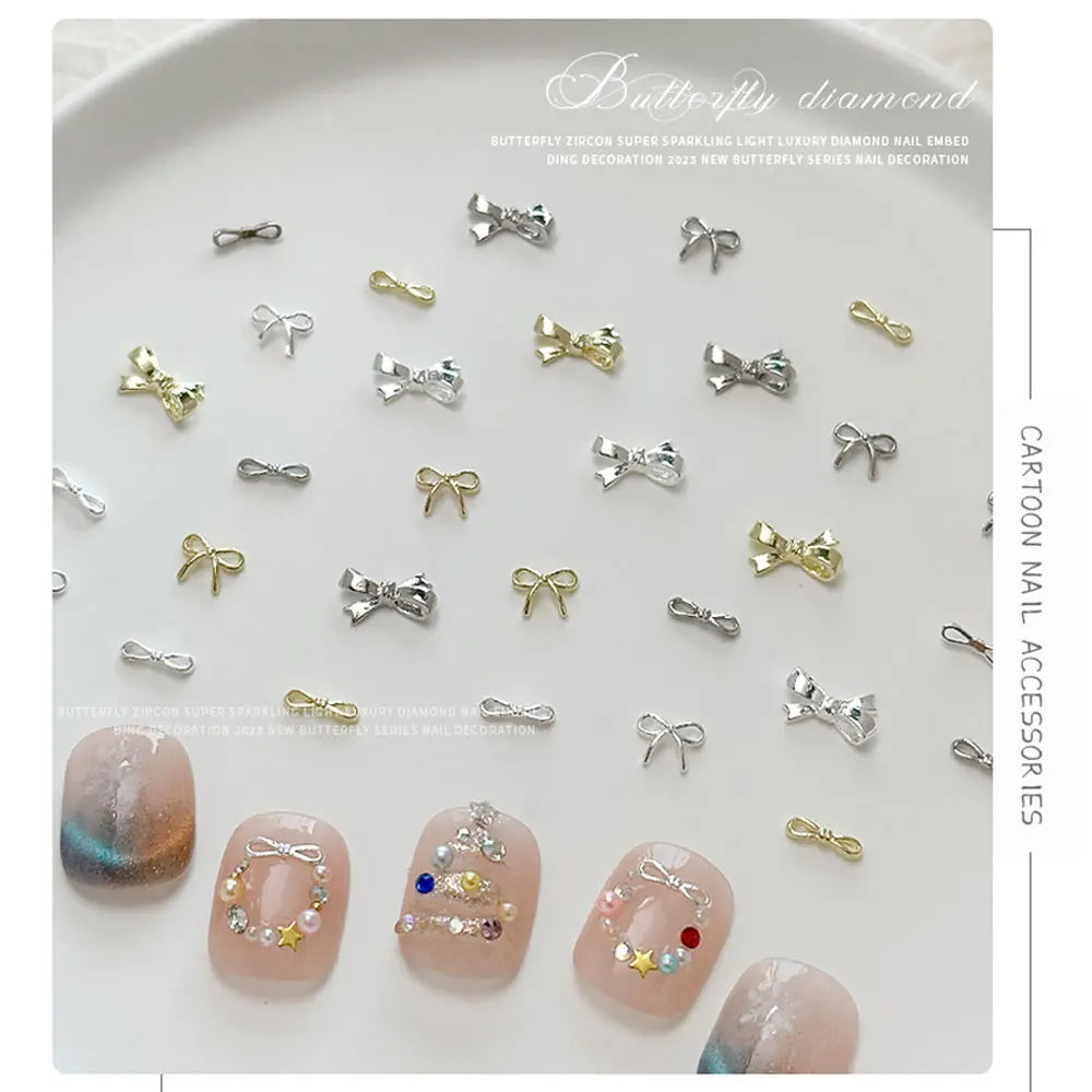20pcs Silver Bowknot Nail Art Charm 3D Alloy Gold Small Thin Bow Tie Nail Decoration DIY Versatile Christmas Nail Accessories Viralgem Store