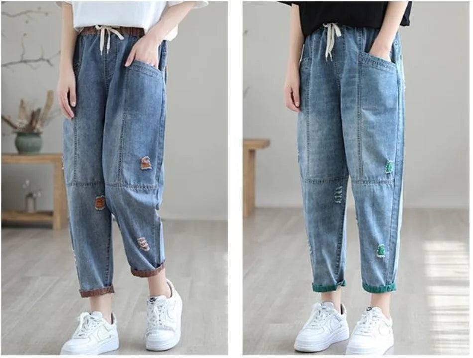 Women Jeans Korean Version Hole Elastic Waist Casual Haren Pants  Ankle Length Pants for Women High Waisted Baggy Ripped Jeans
