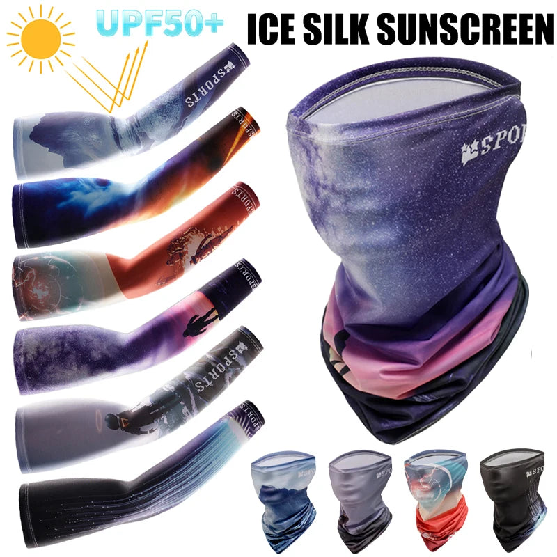 3D Designer Cooling Arm Sleeves And Mask Men Summer Ice Silk Sunscreen Oversleeve Mask Outdoor Cycling Runnig Anti-UV Arm Covers