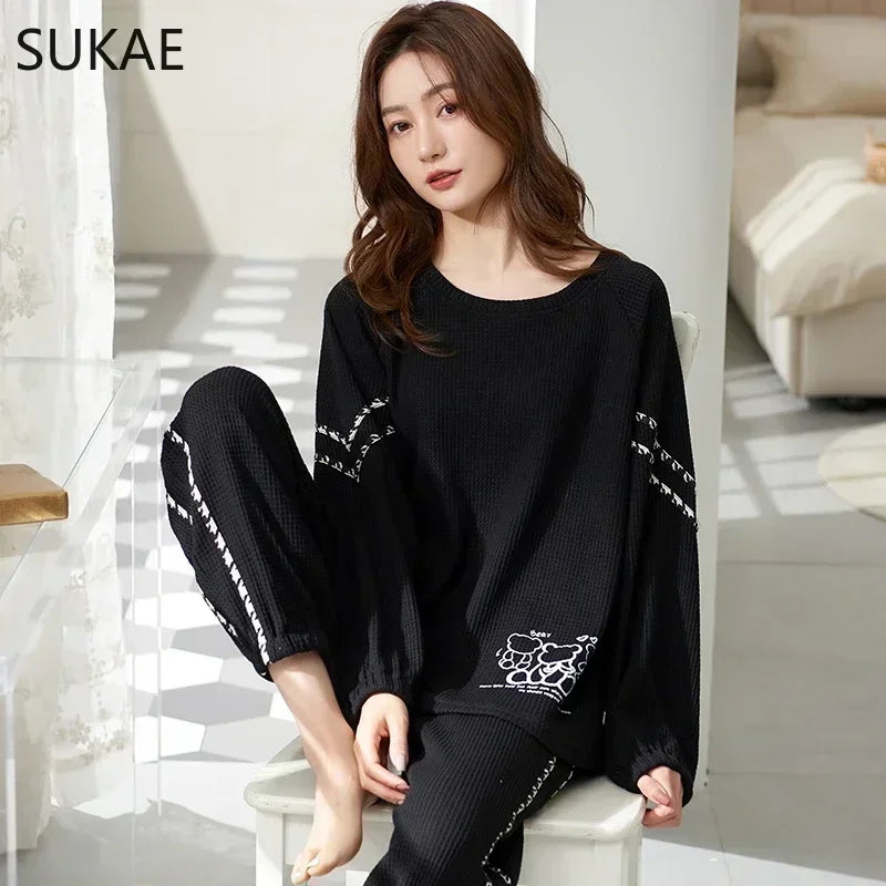 SUKAE Waffle Cotton Korean Minimalist Style Women Pajamas Spring Autumn Long Sleeves Lady Sleepwear Kawaii Round Neck Homesuits