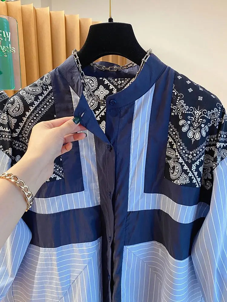 Striped Short-sleeved Shirt Women 2025 Summer Autumn New Stitching Printed Cotton and Linen Retro Loose Casual Blouses Top Freshlook Styles