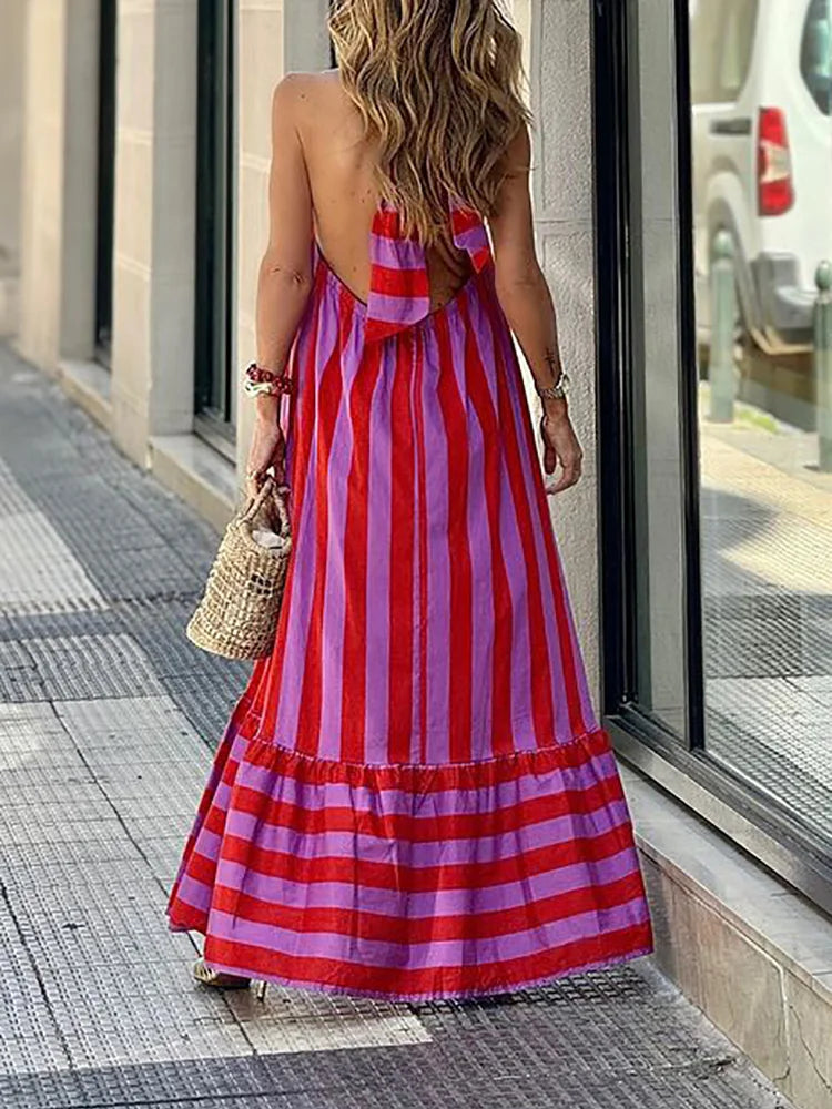 Striped Printing Sexy Fashion Party Dress, Women Summer Elegant Backless Simple Maxi Dress, 2024 Halter Sleeveless Ladies Dress