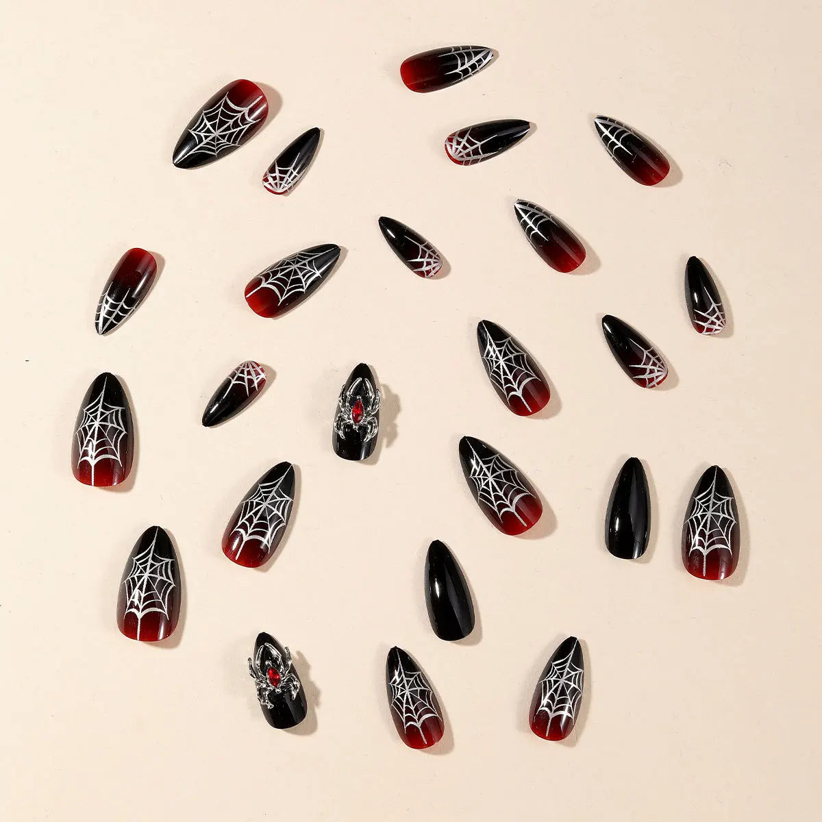 24pcs Sliver Spider Design Fake Nail Halloween Gothic Punk False Nail Tips Wearable European Heavy Metal Almond Press on Nails