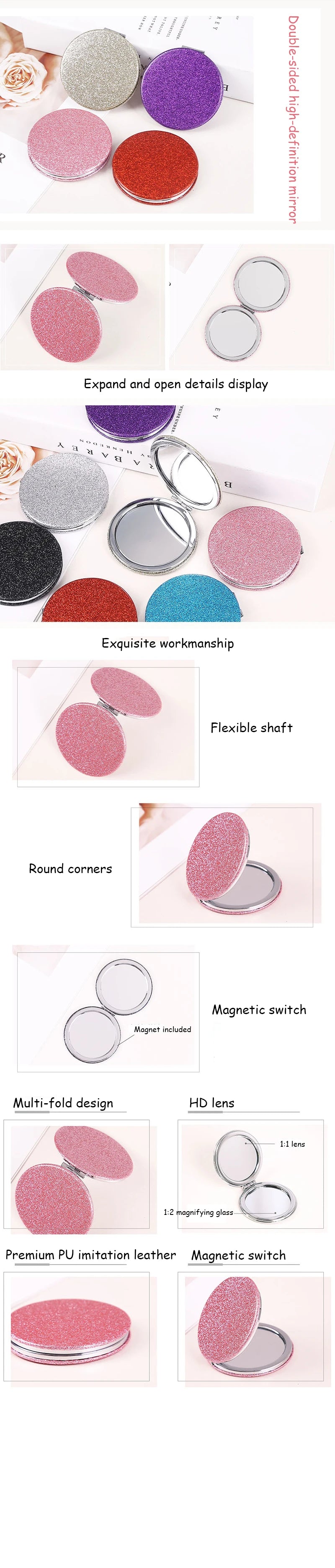1pc Portable Glitter Round Makeup Mirror Hand Pocket Folding Cosmetic Mirror Double Face Make Up Mirror