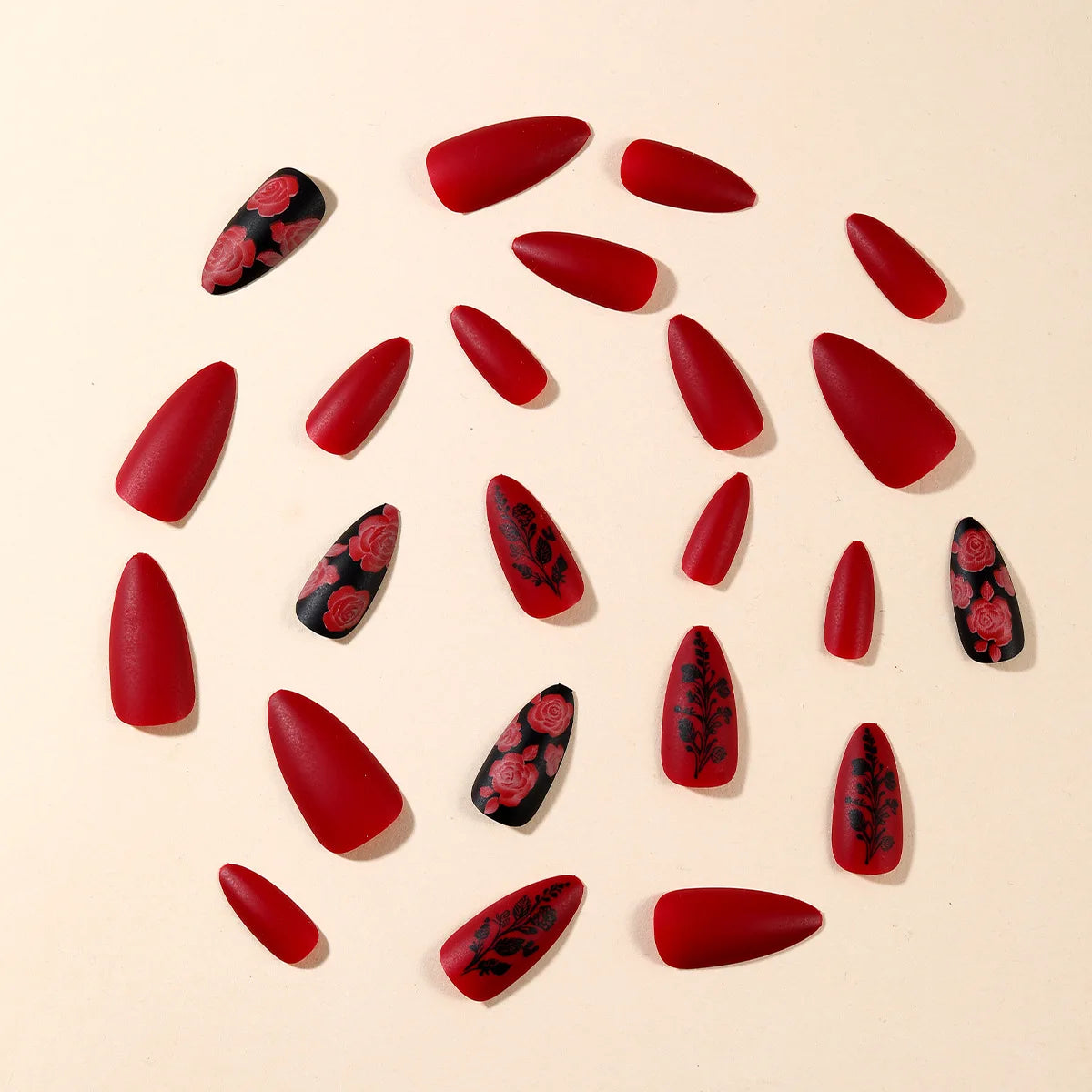 24Pcs Autumn Winter Matte Almond False Nails with Glue Rose Leaf Printing Nail Art Simple Full Cover Press on Acrylic Nails Tips Viralgem Store