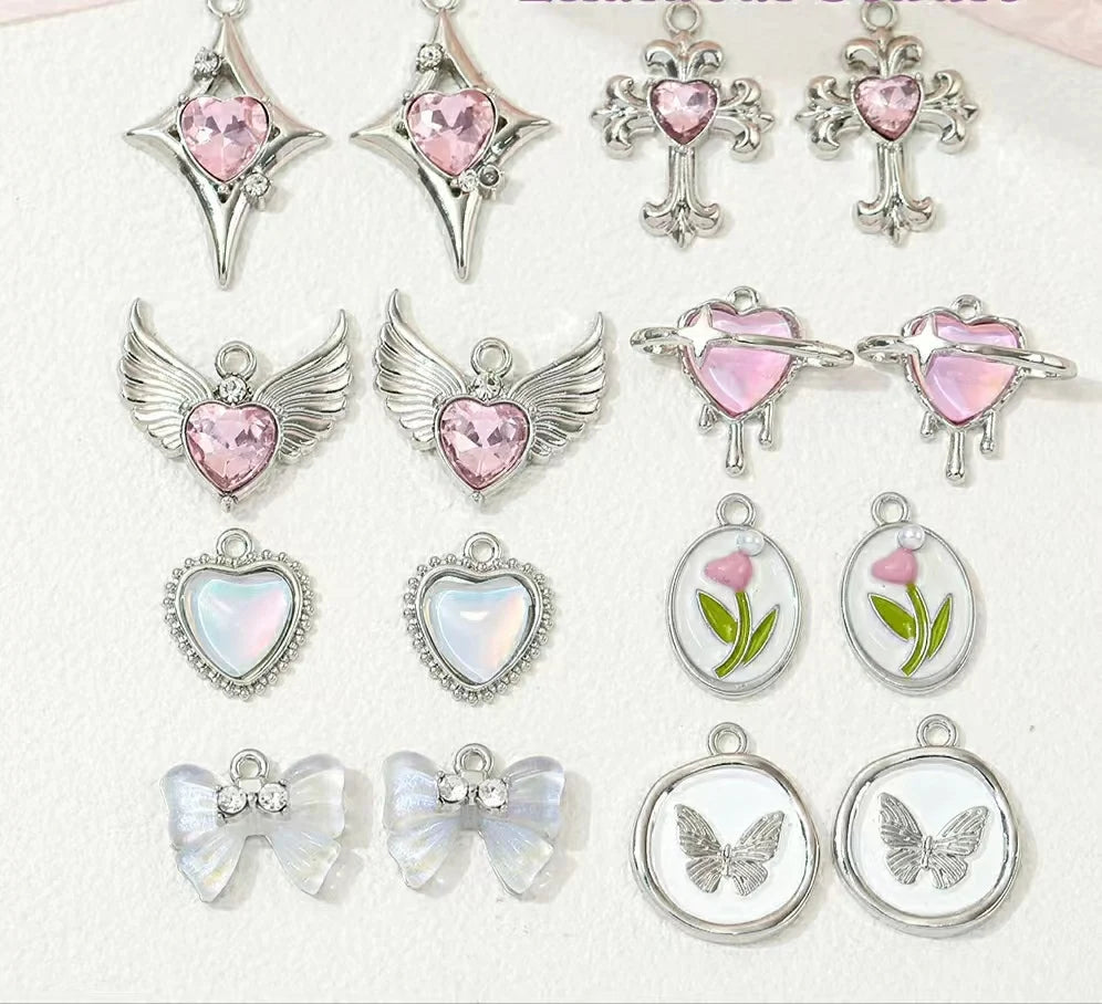 5Pcs Cute Pink Alloy Pearl Rose Heart Bow Tulip Charms DIY Handmade Necklace Earrings Pendant Jewelry Accessories For Women Girl