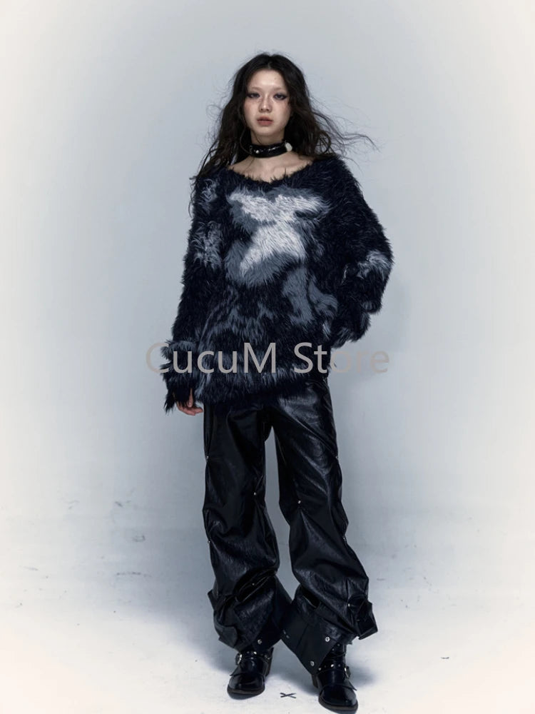 Women Black Gothic Mohair Pullover Knitted Sweater Harajuku Y2k Long Sleeves Sweater Jumper Vintage 2000s Aesthetic Clothes 2024