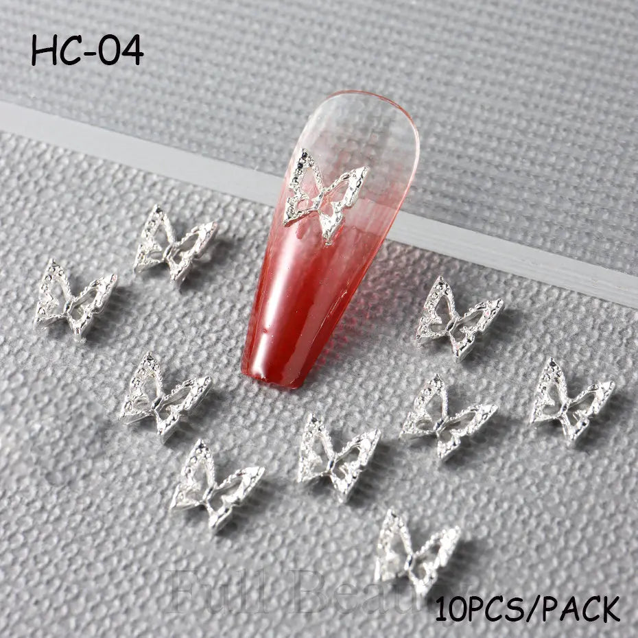 10pcs/pack Butterfly Shaped Nail Charms 3D Gold Silver Butterflies Rhinestone Zircon Jewelry DIY Nail Art Decoration Accessories