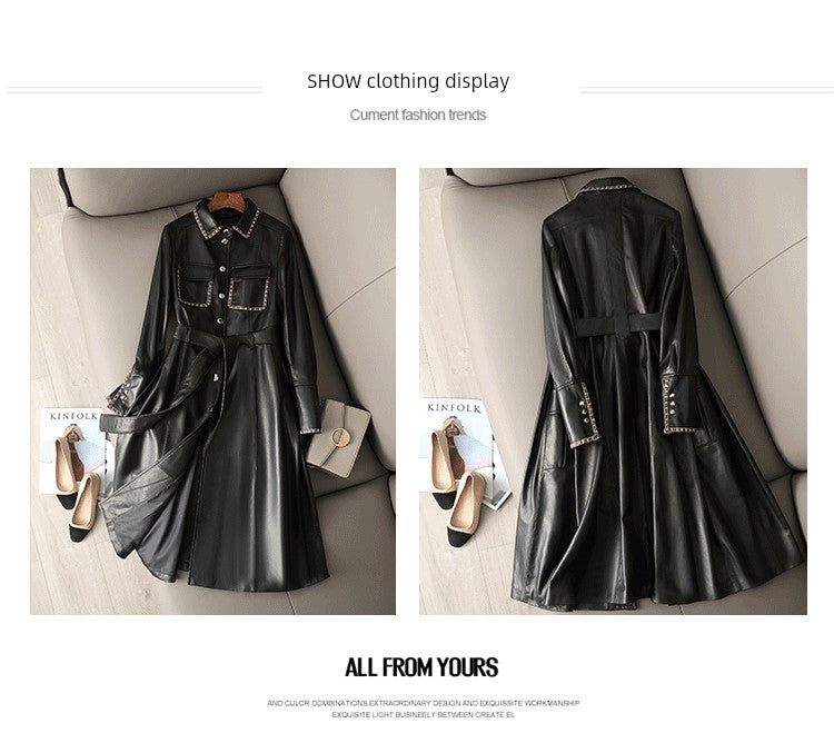 2024 Spring & Fall New Arrival Elegant Large Skirt Sheepskin Genuine Leather Clothes Mid Length Long Length Trench Coat Outwear Female Silm European Goods Viralgem Store
