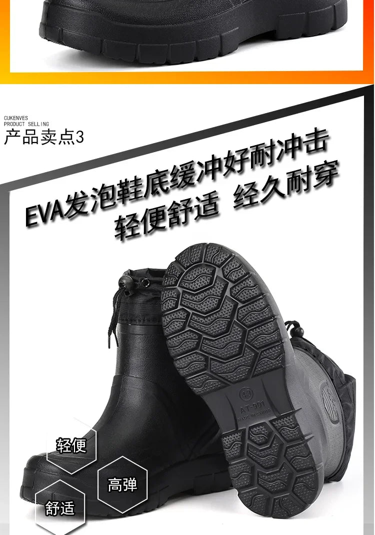 Winter Windproof Cotton Rain Boots Men Warm Light Ankle Rainboots Fashion Black Slip on Rain Shoes Men Waterproof Work Boot2024