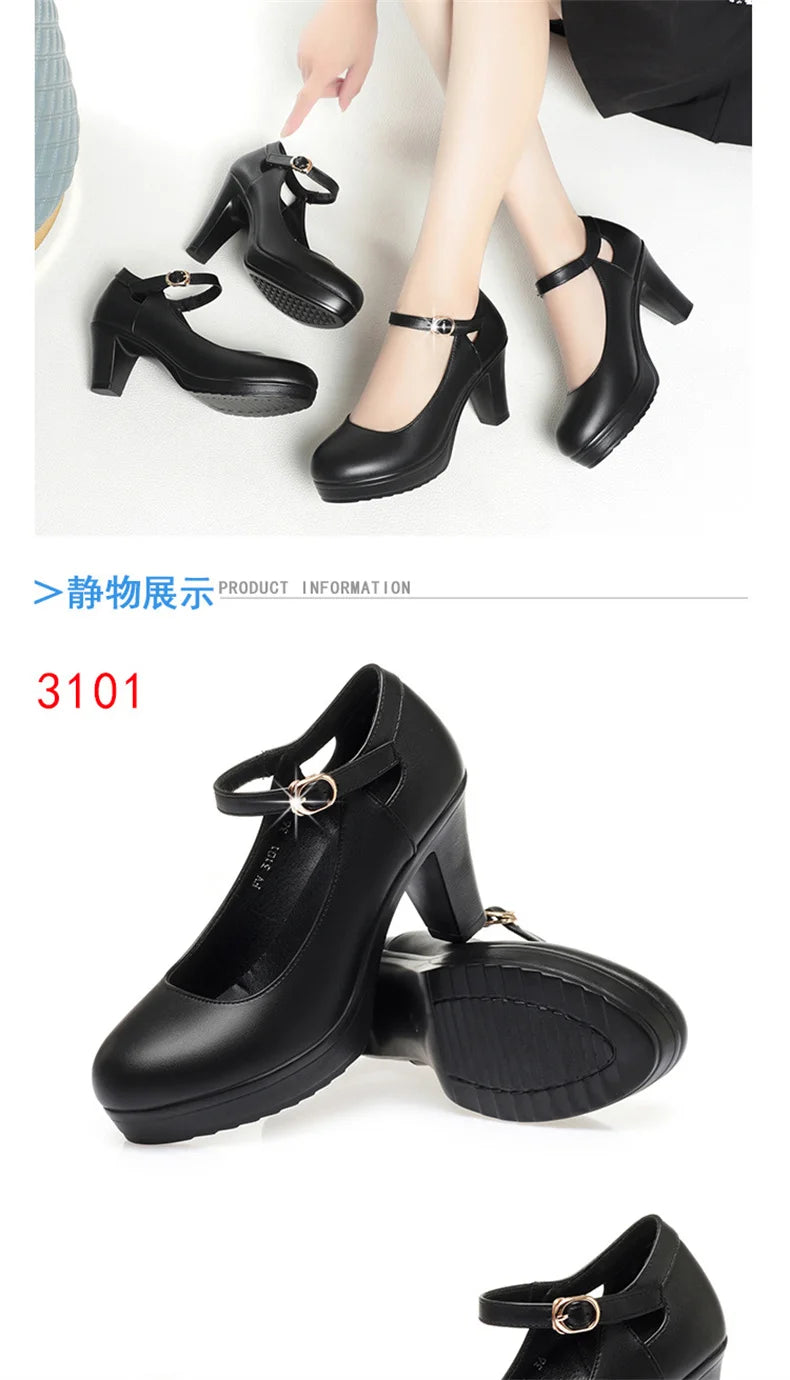 Spring Soft Leather Shoes Women Round Toe Platform Pumps Thick Heel Fashion Temperament Elegant Black Work Single Shoes Viralgem Store