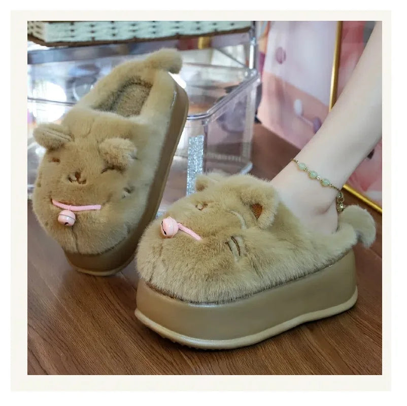 8 cm High platform fur slippers women's winter fluffy ear home shoes woman white bunny rabbit slippers woman house clog shoes