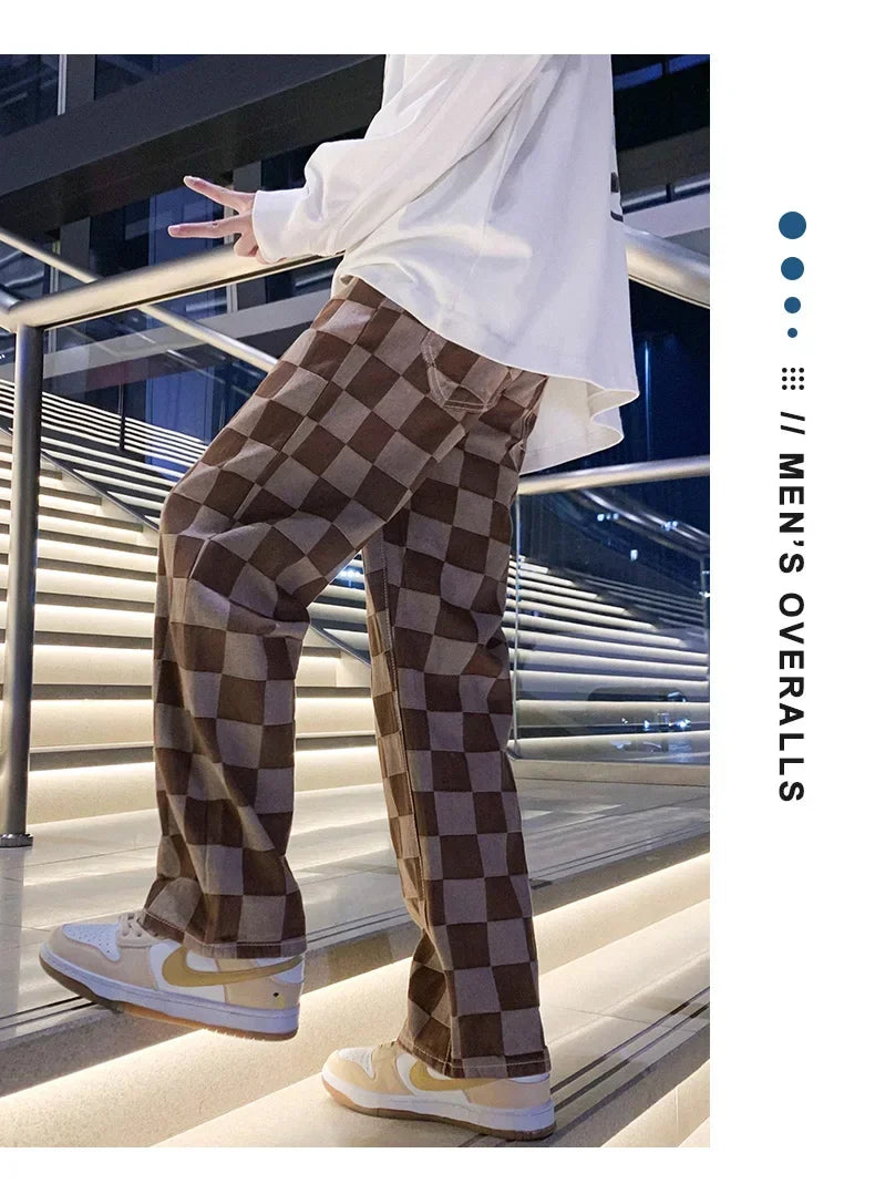 2024 Spring New Men's Brown Check Print Baggy Jeans Korean Fashion Streetwear Denim Straight Pants Male Brand Trousers