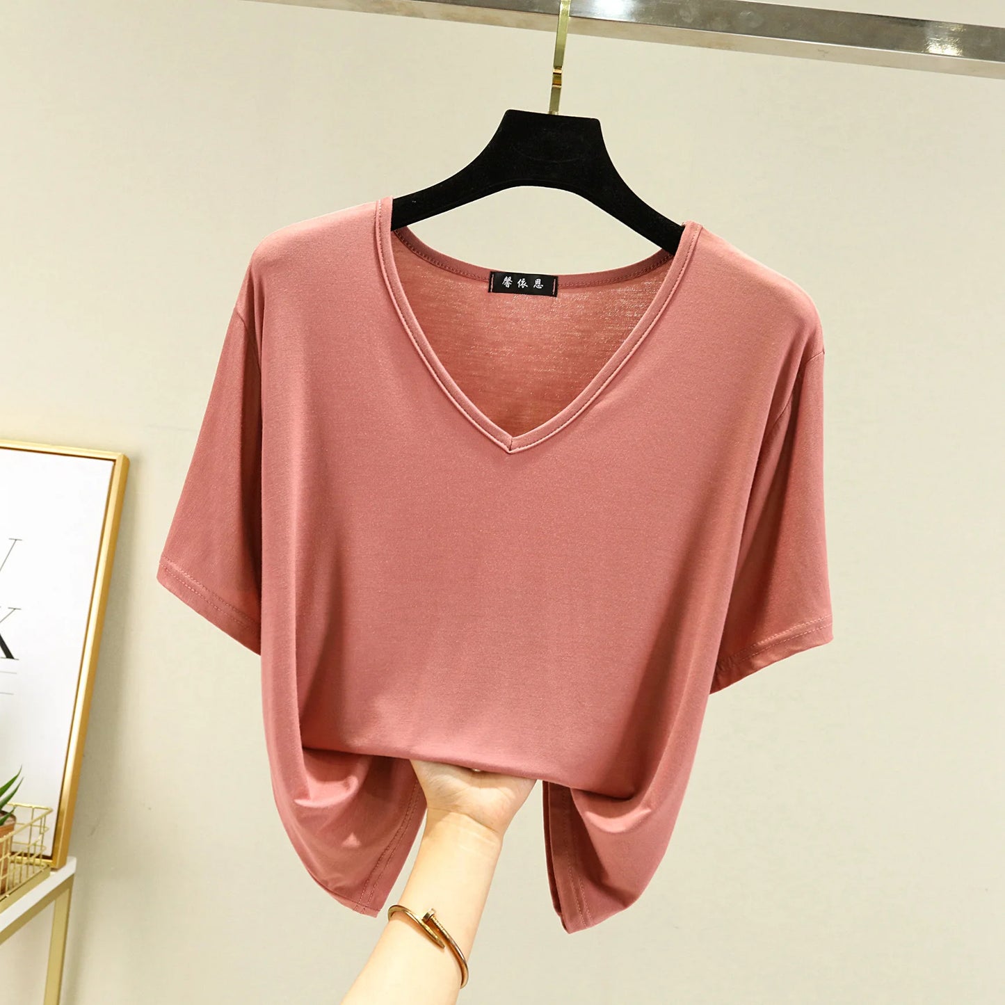 Women's T-shirt Modal V-Neck Short sleeves Tops Summer Casual T Shirts  Solid color Loose basic Bottoming Tees
