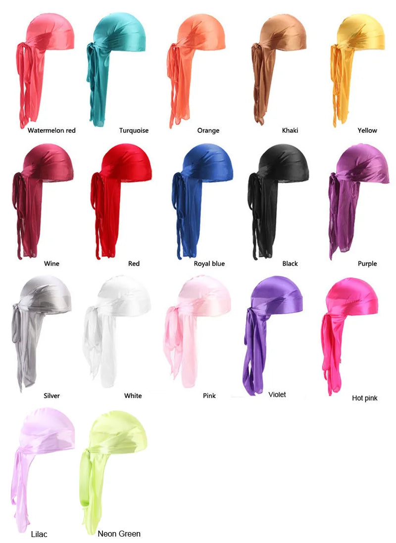 Unisex Silky Long Tail Durag Pirate Hat Turban Fashion Headwraps Cap Bandana Women Men Headwear Caps Hijab Hair Accessories  ﻿