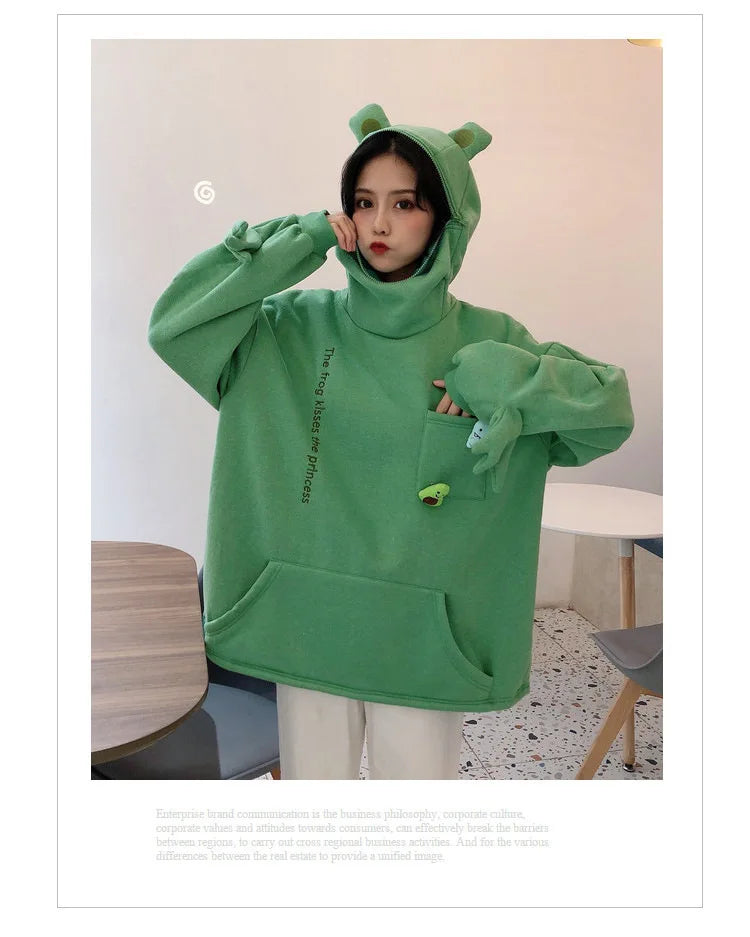 Unisex Frog Zipper Hoodie Fleece Lined Springtime Embroidery oversized Sweatshirt Harajuku Warm Pullover Korean Style Dropship