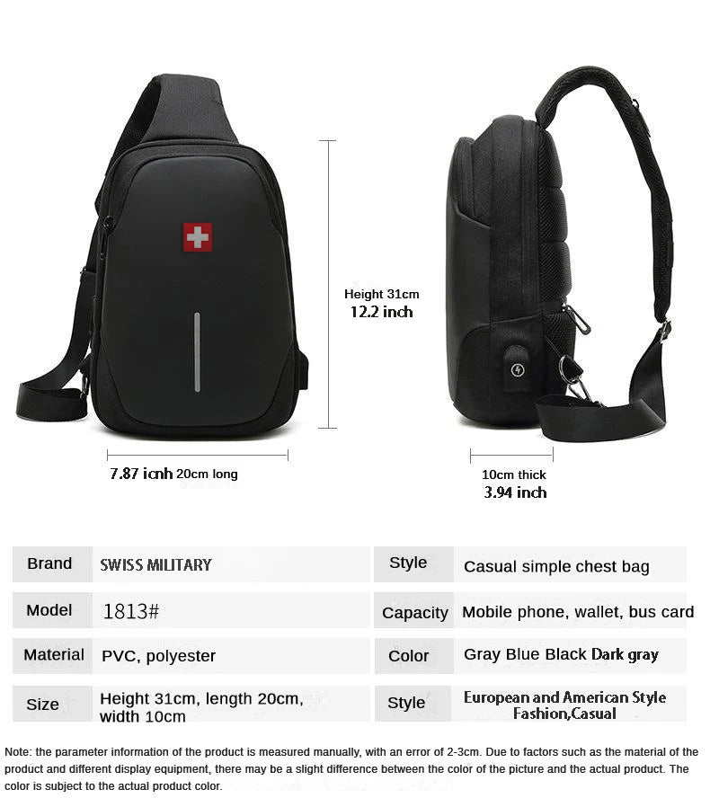 SWISS New Men's Casual Chest Bag Sports Waterproof Shoulder Bag Anti-theft Crossbody Bag Fashion Solid Color Usb Bag Sling Pack Viralgem Store
