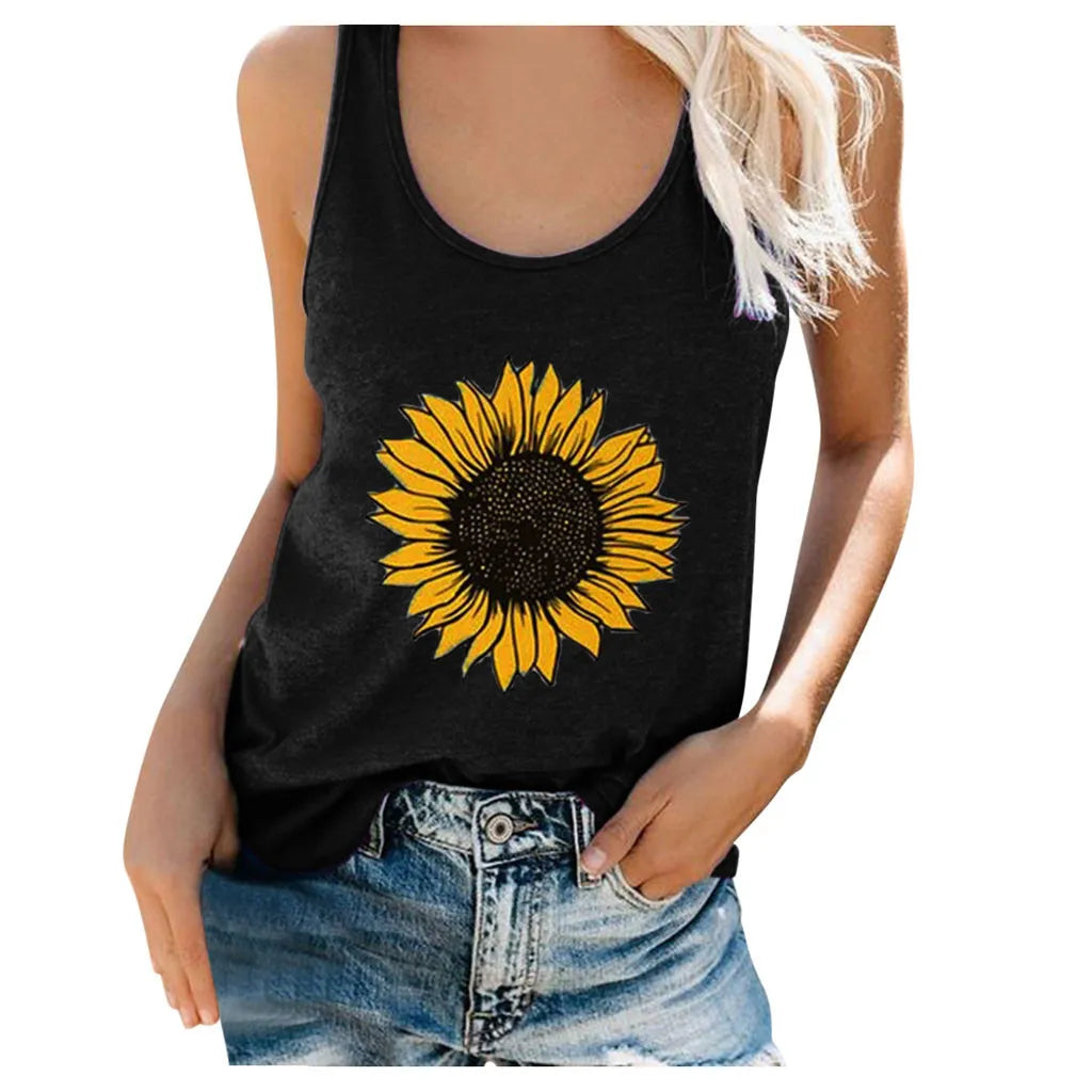 Women Plus Size Summer Sunflower Print Round Neck Sleeveless T-Shirt Top Tank New Fashion Simple Versatile Women'S Clothing 2023