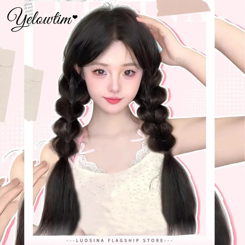 YELOWTIM Synthetic Long Claw Clip On Bow Braid Ponytail Hair Extensions Heat Resistant Pony Tail Hair piece For Women Daily Part