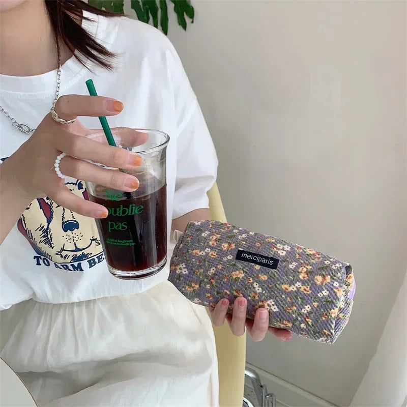 Women Flower Cosmetic Bags Girl Pencil Case Embroidery Student Korean Kawaii Cases for Girls Make Up Brush Storage Pouch