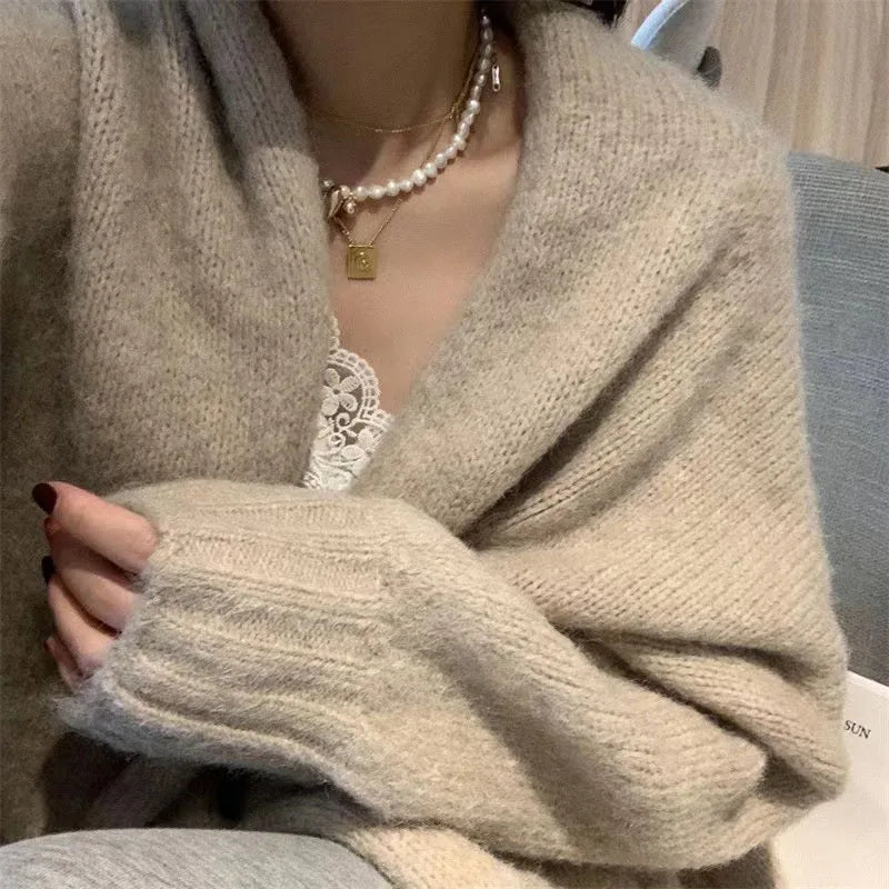 Zoki Autumn Winter Thicken Warm Women Cardigan Sweater Korean Lazy Wind Soft All Match Cardigans Tops Solid Loose Knitted Coats