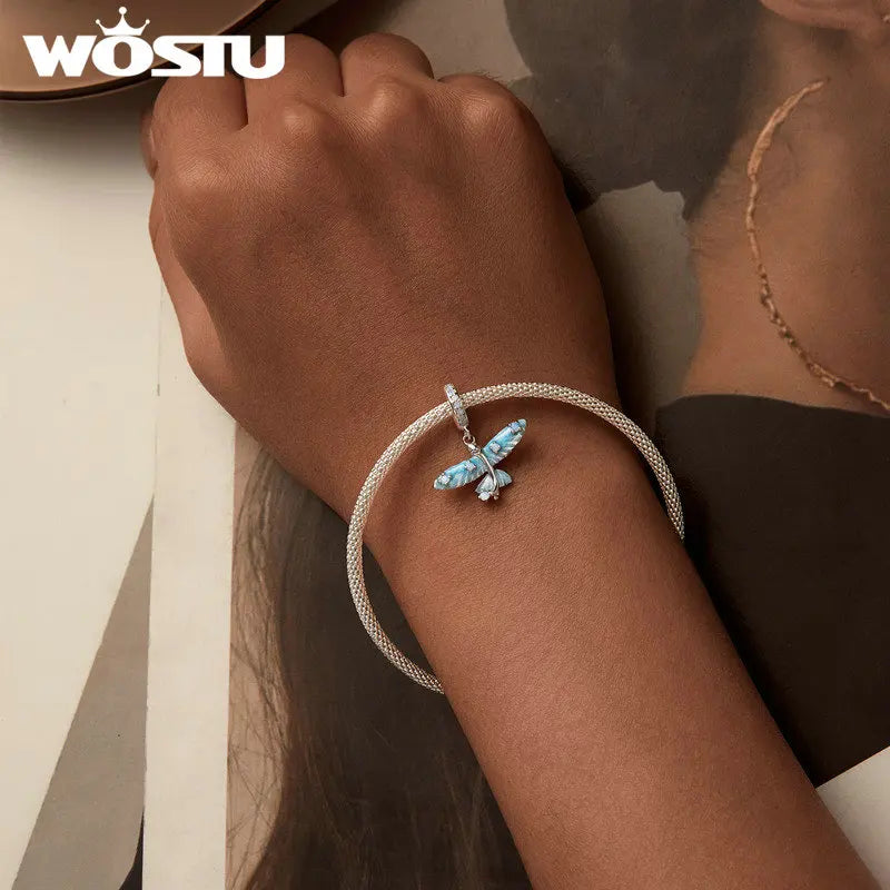 WOSTU 925 Sterling Silver Magical Flying Fish Pendants Blue Ocean Whale Bead Fit Original Bracelet DIY Charms Jewelry Making