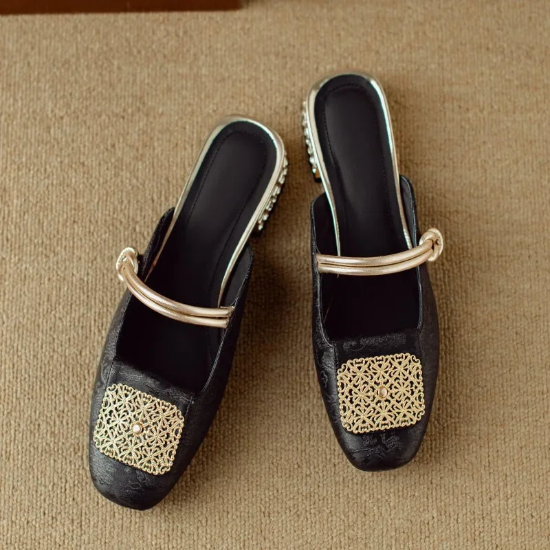 2024 Summer Elegant Sandals Women New Rhinestones Fashion Dress Half Slippers Baotou Women's Temperament Chinese Style Slippers