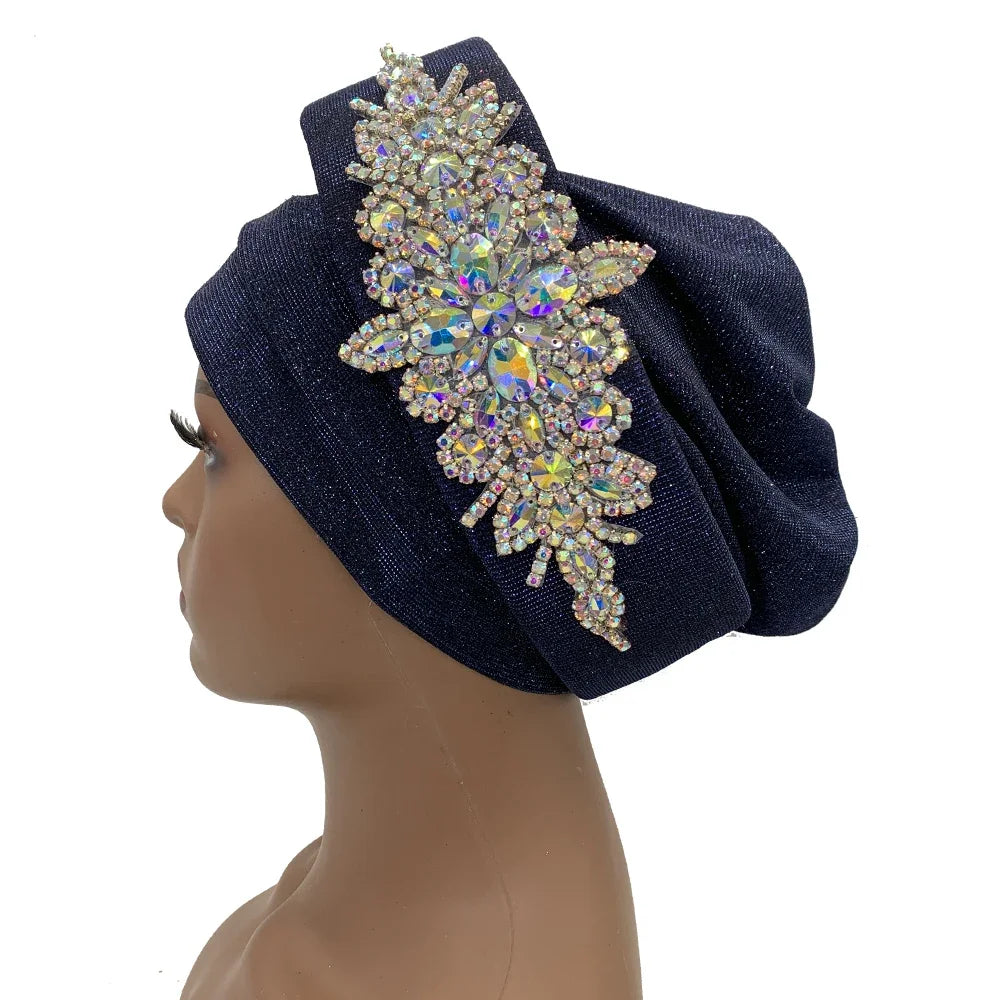 African Wrap Head Headgear Nigeria Auto Gele Headtie Turbante Mujer Luxury Rhinestone Turban Hat for Women Glitter
