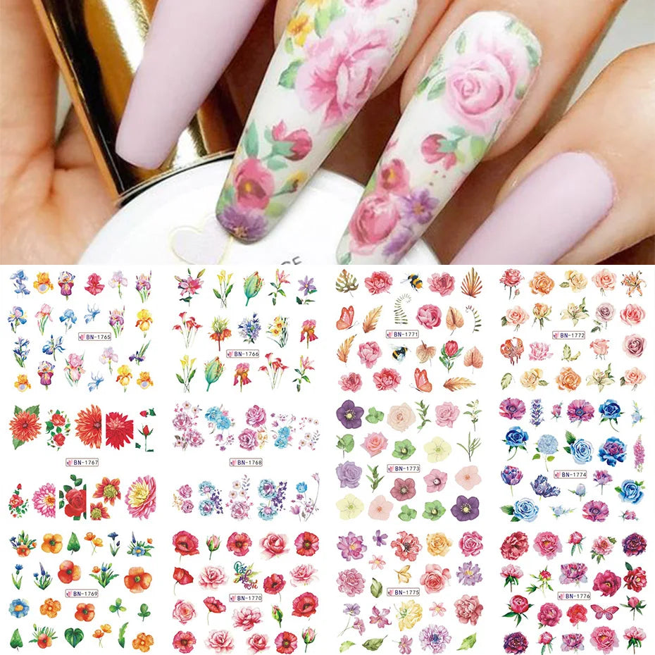 12 Design Floral Nail Art Stickers Water Decals Transfer Summer Painting Flower Leaf Rose Manicure Decoration Nail Sliders Wraps