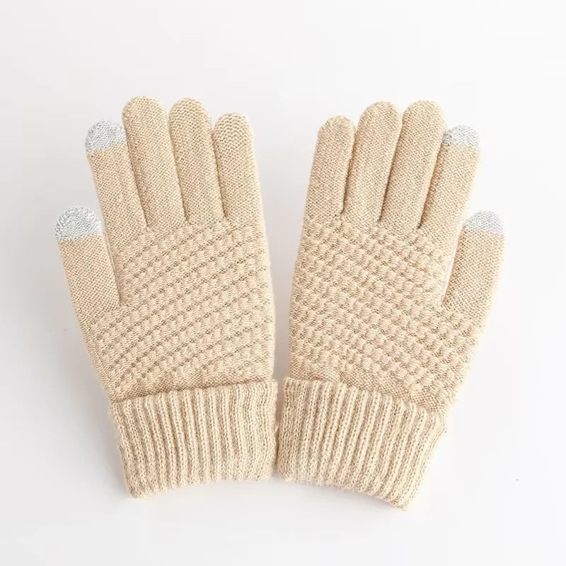 Women Gloves Knitted Solid Autumn Winter Hand Warmer Thicken Lining Skiing Short Wrist Female Full Fingered Mittens