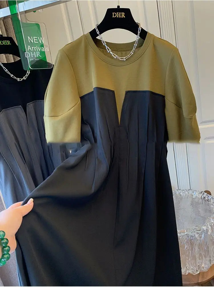 Women Plus Size L-5XL T Shirt Dress Short Sleeve O Neck Pleating Knee Dresses Female 2024 Summer Casual Fashion Clothing Robe