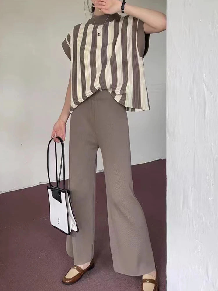 Women Sweater Pant Set Winter Knitted  Casual Pullovers Suits Long Sleeve AutumnLoose Tops Elastic Striped Elegance Sweaterpants Viralgem Store