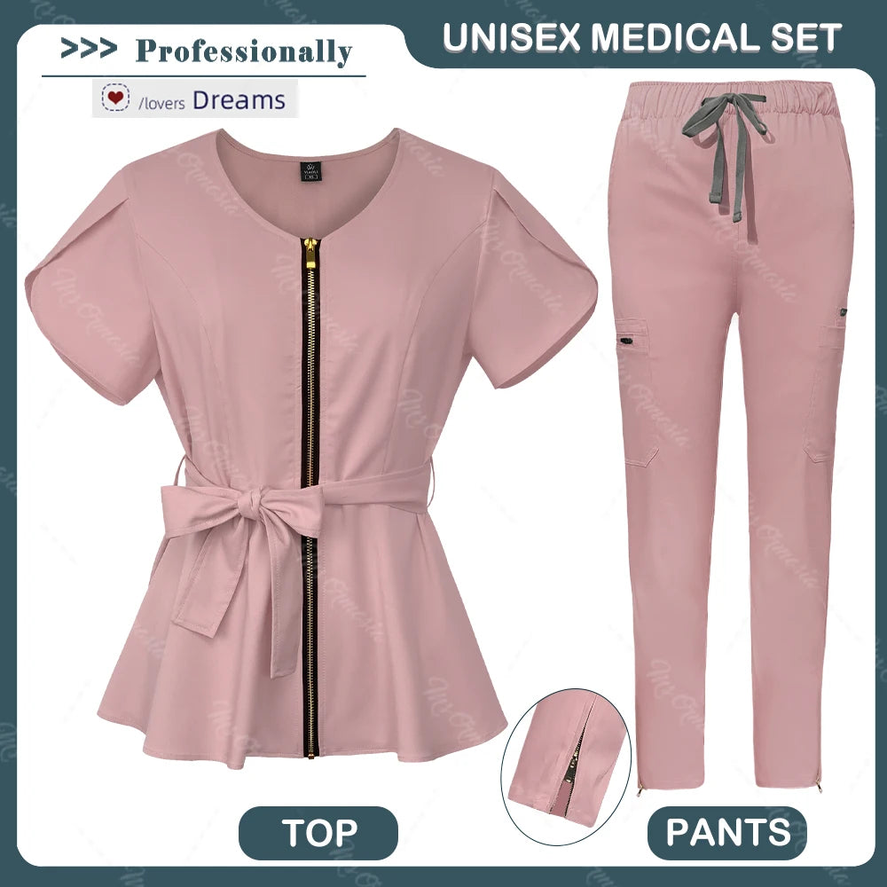Women Scrubs set,zipper collar beauty clothes,high quality anti wrinkle medical uniforms,soft comfortable fashion nurse workwear
