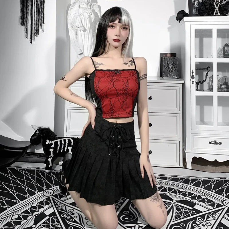 2024 Vintage Gothic Cami Tops Women Mesh Spider Net Lace Tank Vest Female Summer Sexy Club Crop Tops Harajuku 2000s clothes