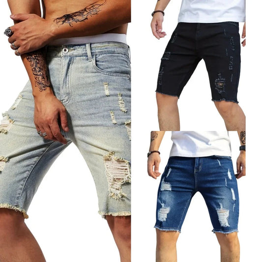 Summer Ripped Jeans Men Stretch Denim Shorts Male Short Jeans Slim Straight Shorts Fashion Black Jeans Man Clothes Streetwear Viralgem Store