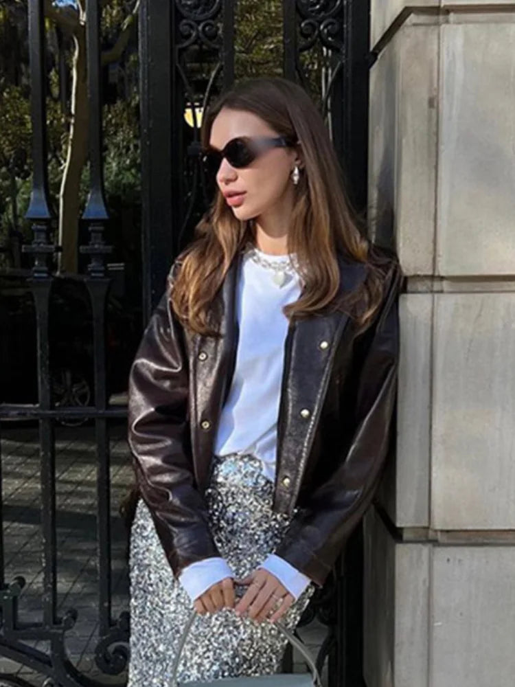 Vintage Cropped Distressed Leather Jacket For Women Chic Lapel Single Breasted Lace Up Coat Autumn Lady New Chic Streetwear 2024