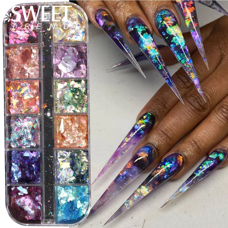 12 Grids Opal Dream Crystal Sequins Nail Flake Galaxy Iridescent Aurora 3D Paillette for Winter Autumn Manicure Decoration SWYFH Viralgem Store