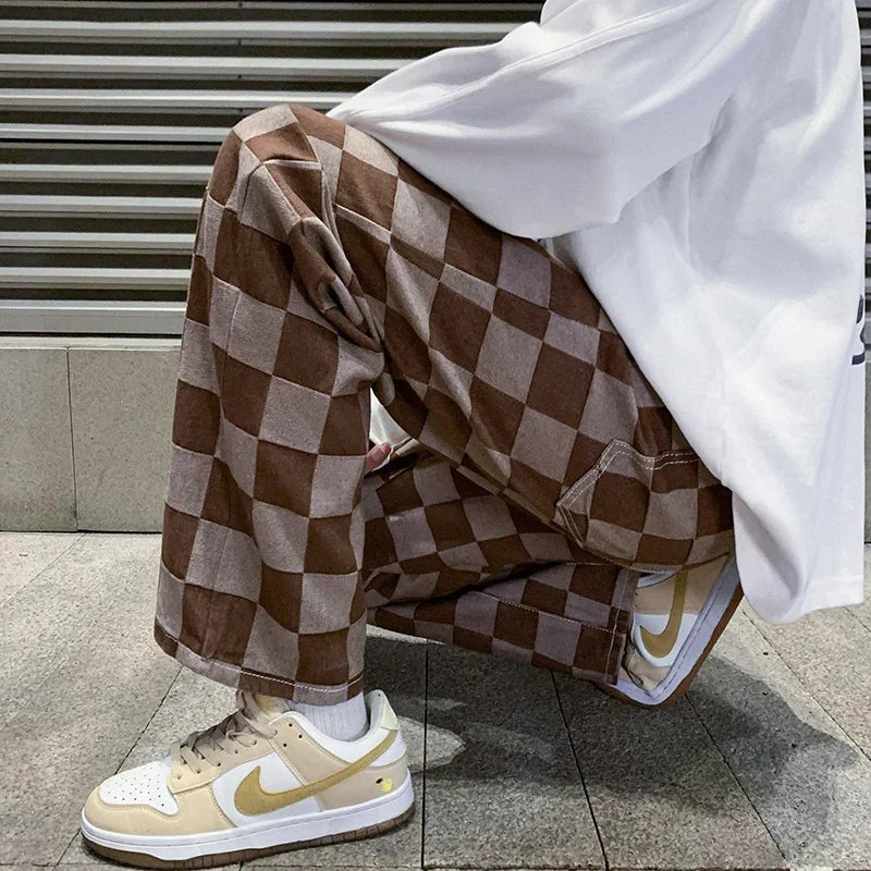 2024 Spring New Men's Brown Check Print Baggy Jeans Korean Fashion Streetwear Denim Straight Pants Male Brand Trousers