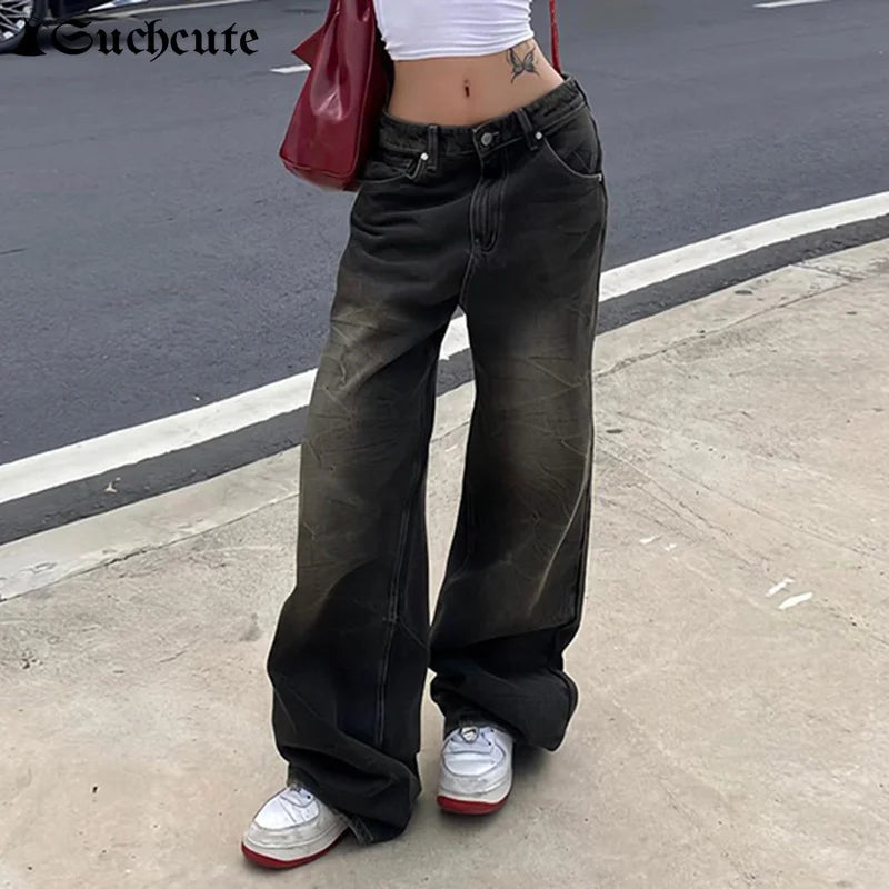 SUCHCUTE Low Waist Jeans for Women Goth Y2k Style Baggy Jeans Punk New Jeans Wide Leg Denim Pants Kpop Casual Loose Streetwear