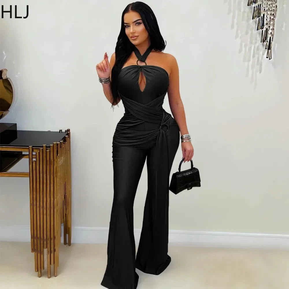 HLJ Sexy Hollow-out Bandage Patchwork Bodycon Jumpsuit Women Halter Sleeveless Backless Rompers Female Streetwear Overalls New Viralgem Store