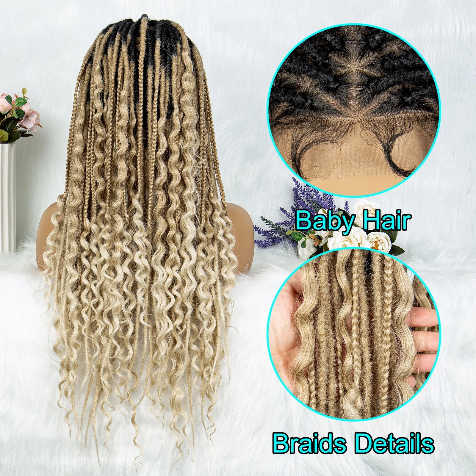 Synthetic Full Lace Wig Braided Wig 28 inch Curly Synthetic Wig Knotless Box Braids Wigs With Baby Hair for Black Women Viralgem Store